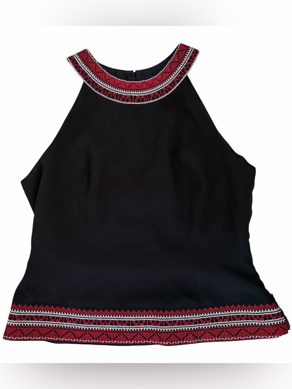 Maggy London | Black Halter Sleeveless Top with Red & White Embroidered Trim